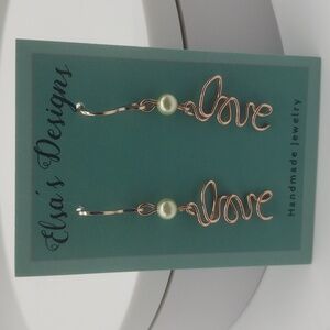 1085- Love Women's Earrings Handmade Rose Gold Color And Faux Green Pearls NWT
